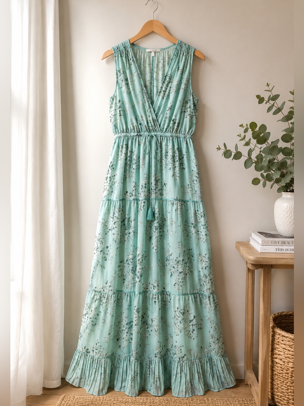 Massimo Dutti Mint Green Floral Maxi Dress 6 Boho Tiered Sleeveless Cottagecore - Picture 3 of 15
